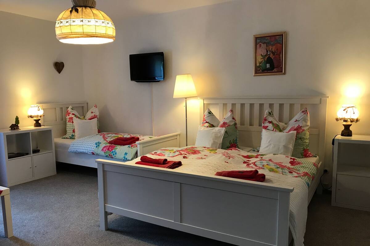 A bedroom with a bed, two bedside tables, a TV, and two lamps.
