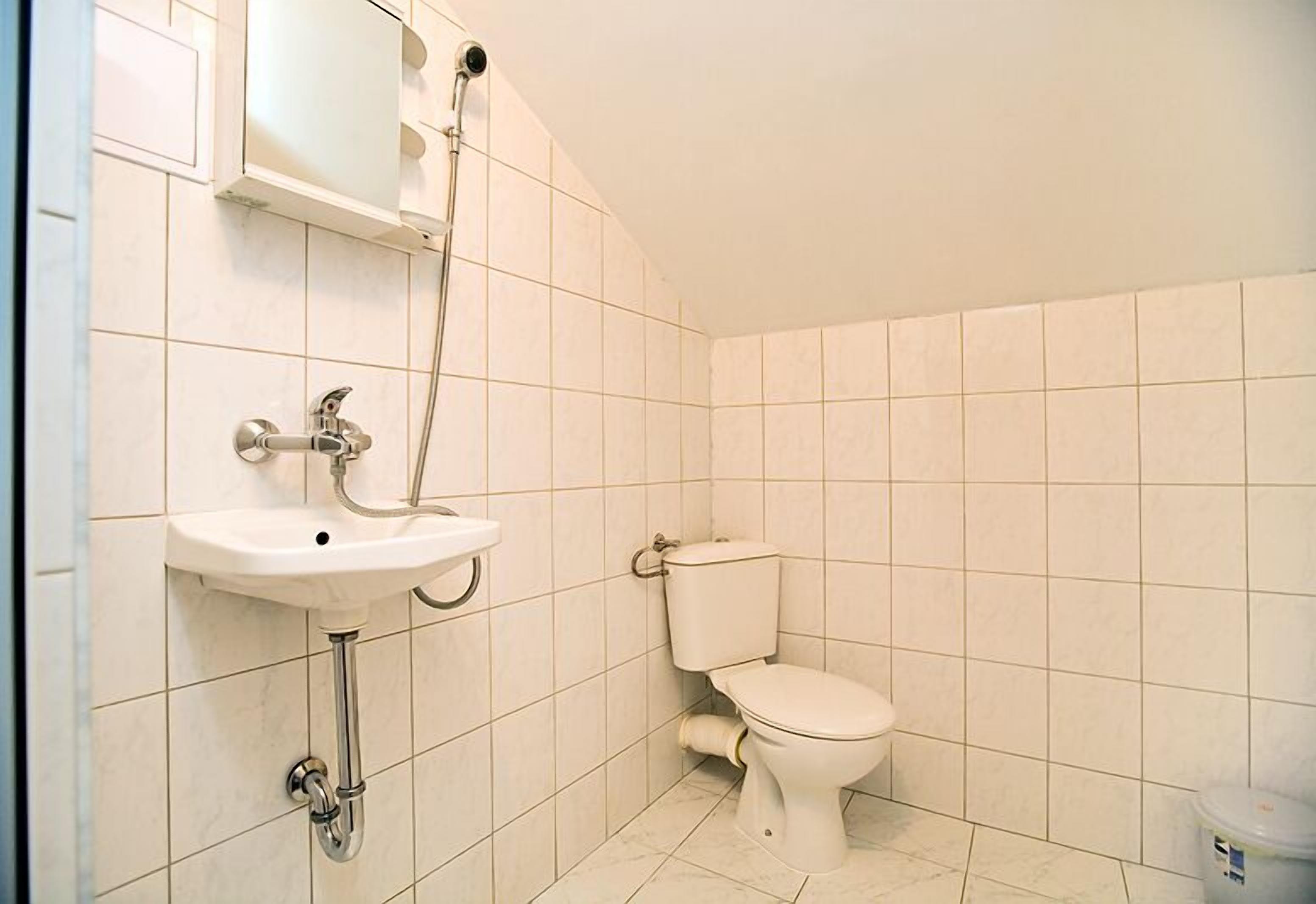 Ein Badezimmer mit Waschbecken, Toilette und Dusche.