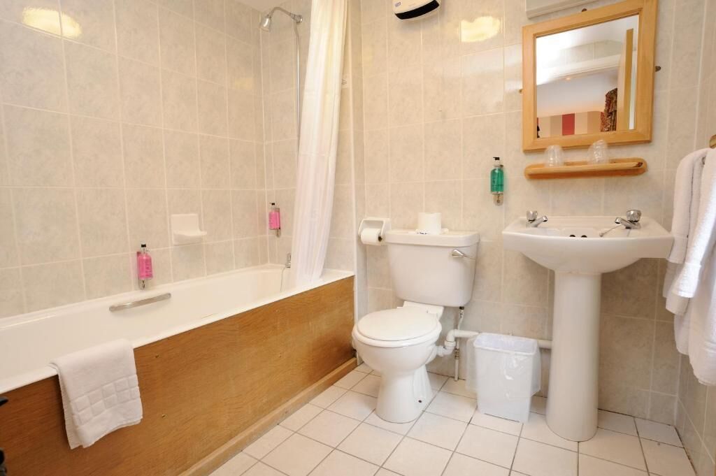 combined shower/bathtub, free toiletries, hair dryer, towels