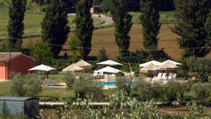 A pool area with umbrellas, lounge chairs, and a small building.