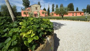 A building with a stone facade and a red roof, surrounded by greenery and a gravel path.