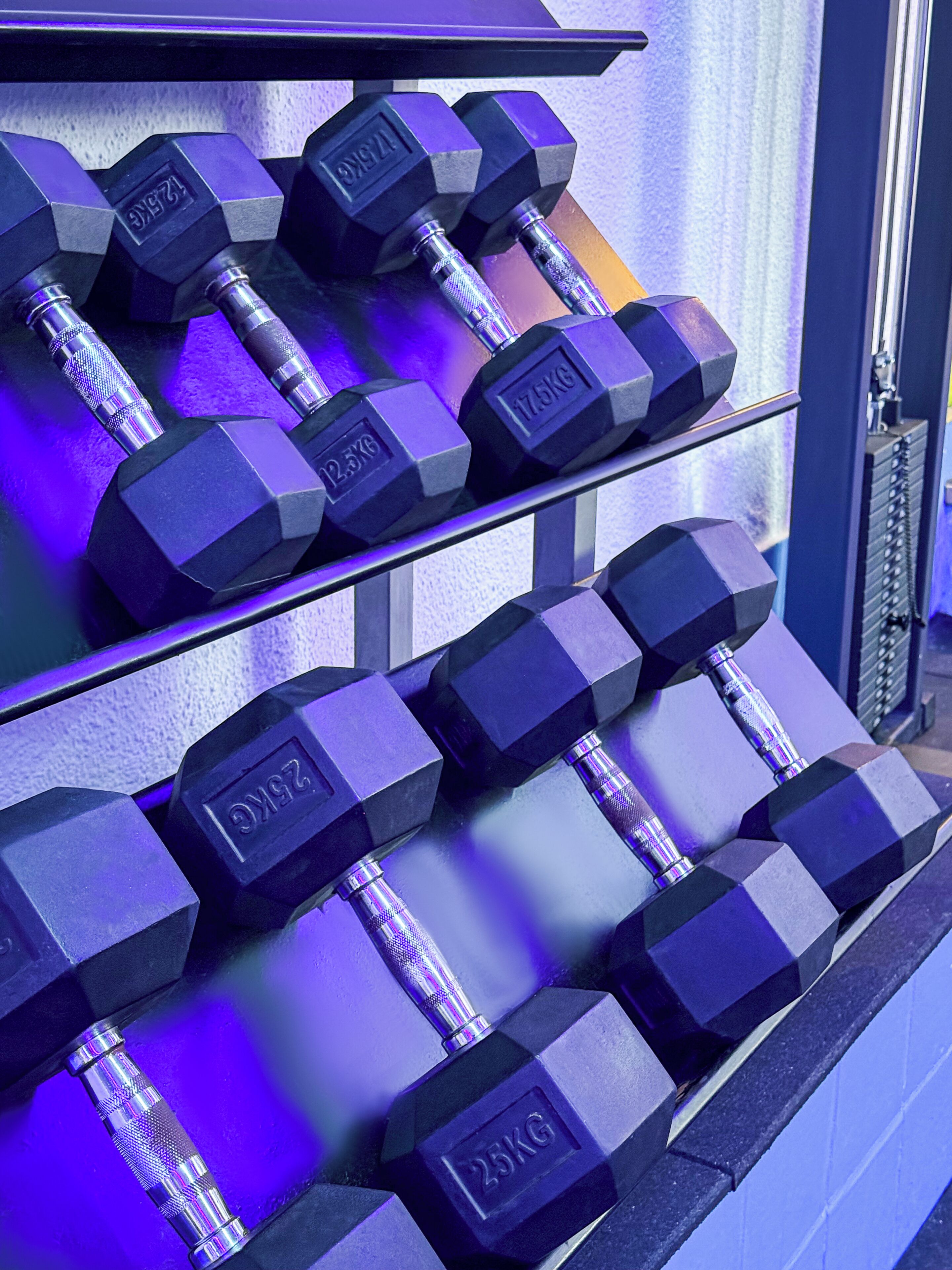 A rack of hexagonal dumbbells with weight markings, arranged on a shelf.
