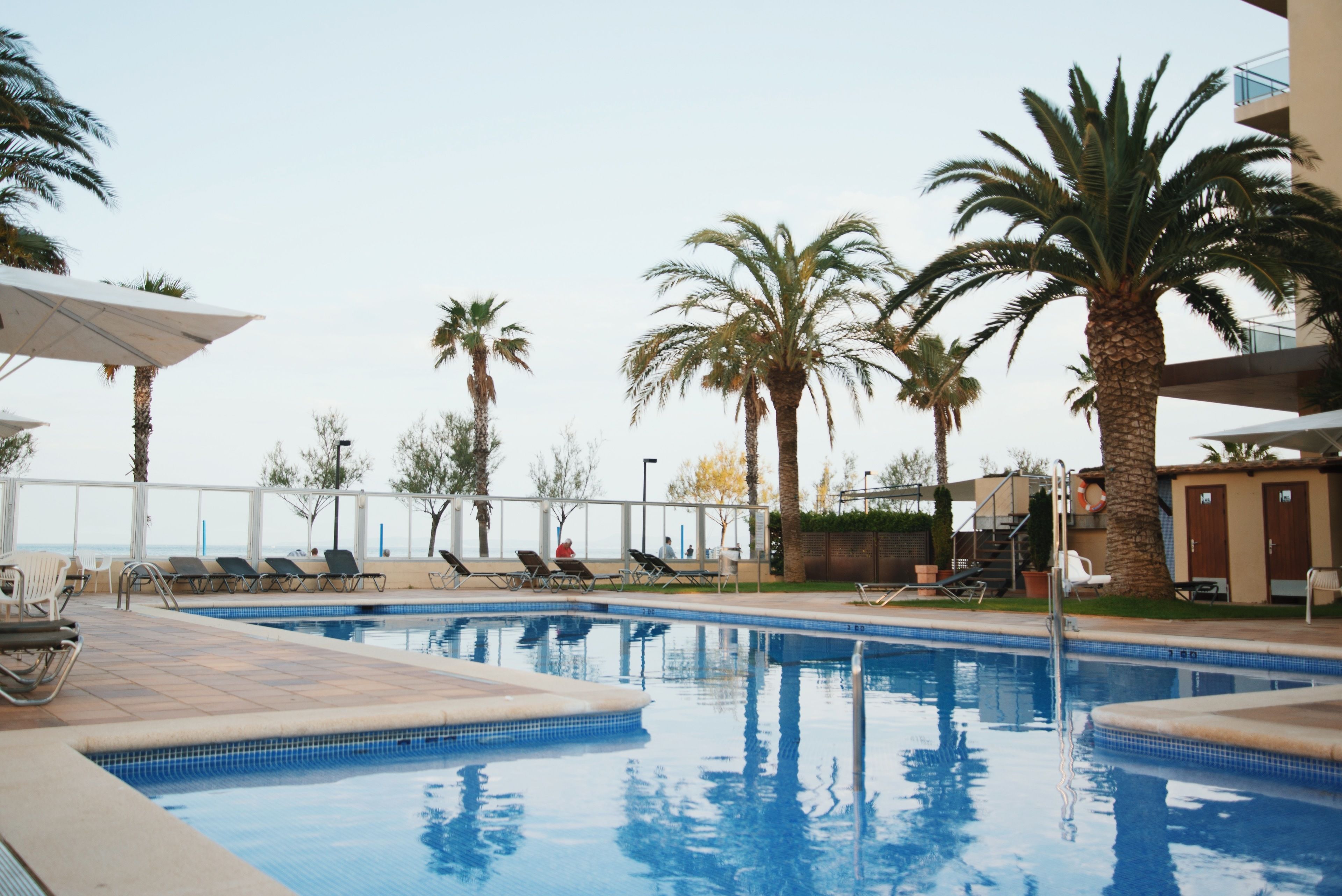 seasonal outdoor pool, pool loungers