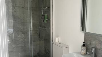 Un baño moderno con ducha envuelta en vidrio, un inodoro blanco y un lavabo con espejo arriba.