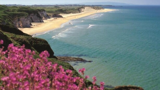 Paisaje costero con playa de arena, acantilados y una vista despejada del mar.