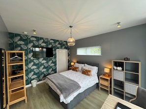 Un dormitorio con cama, televisor, armario, mesita de noche y ventana.