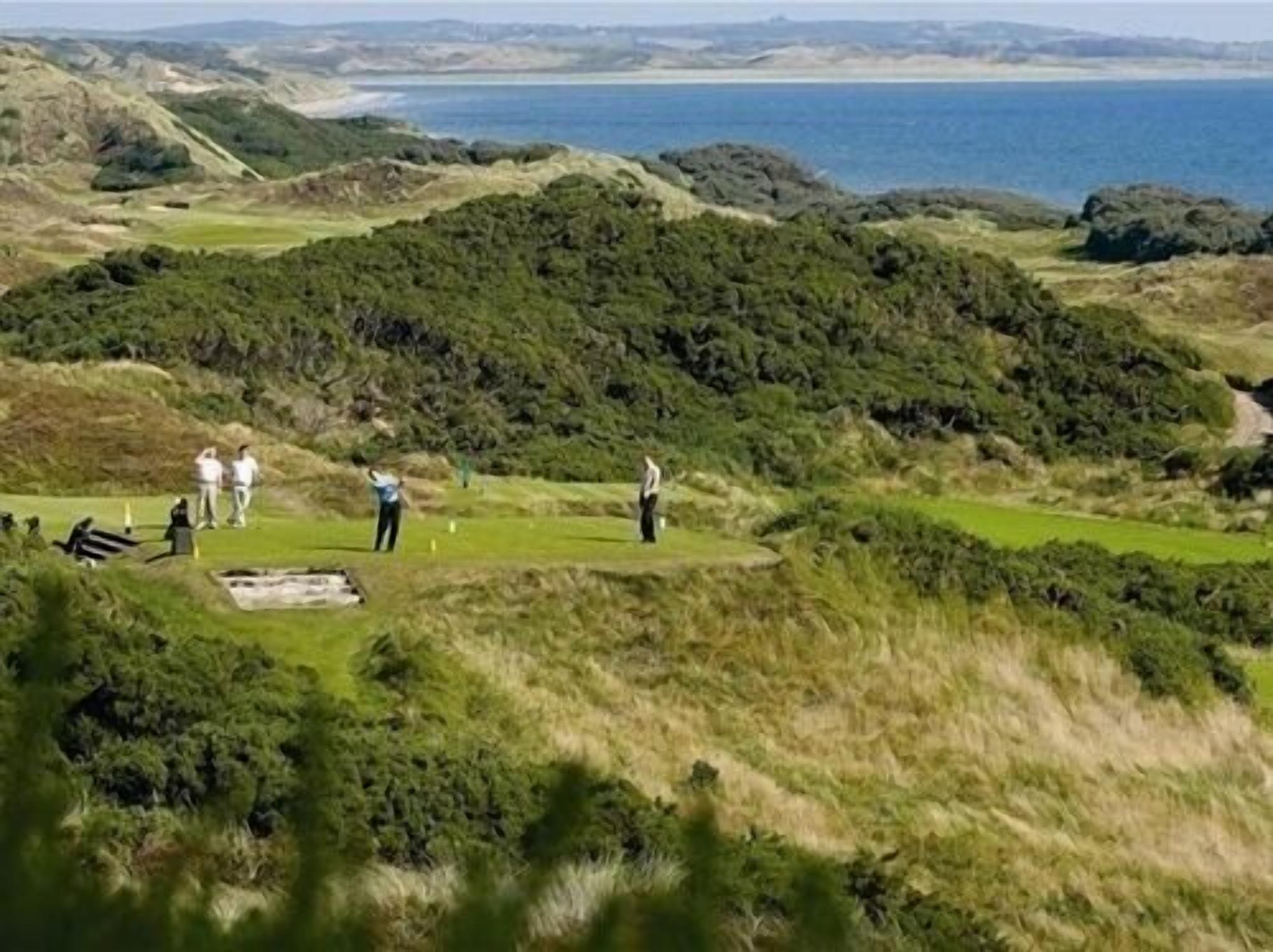 En golfbane med kystudsigt, græsarealer og spredte træer.
