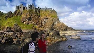 A castle on a rocky cliff overlooking the sea.