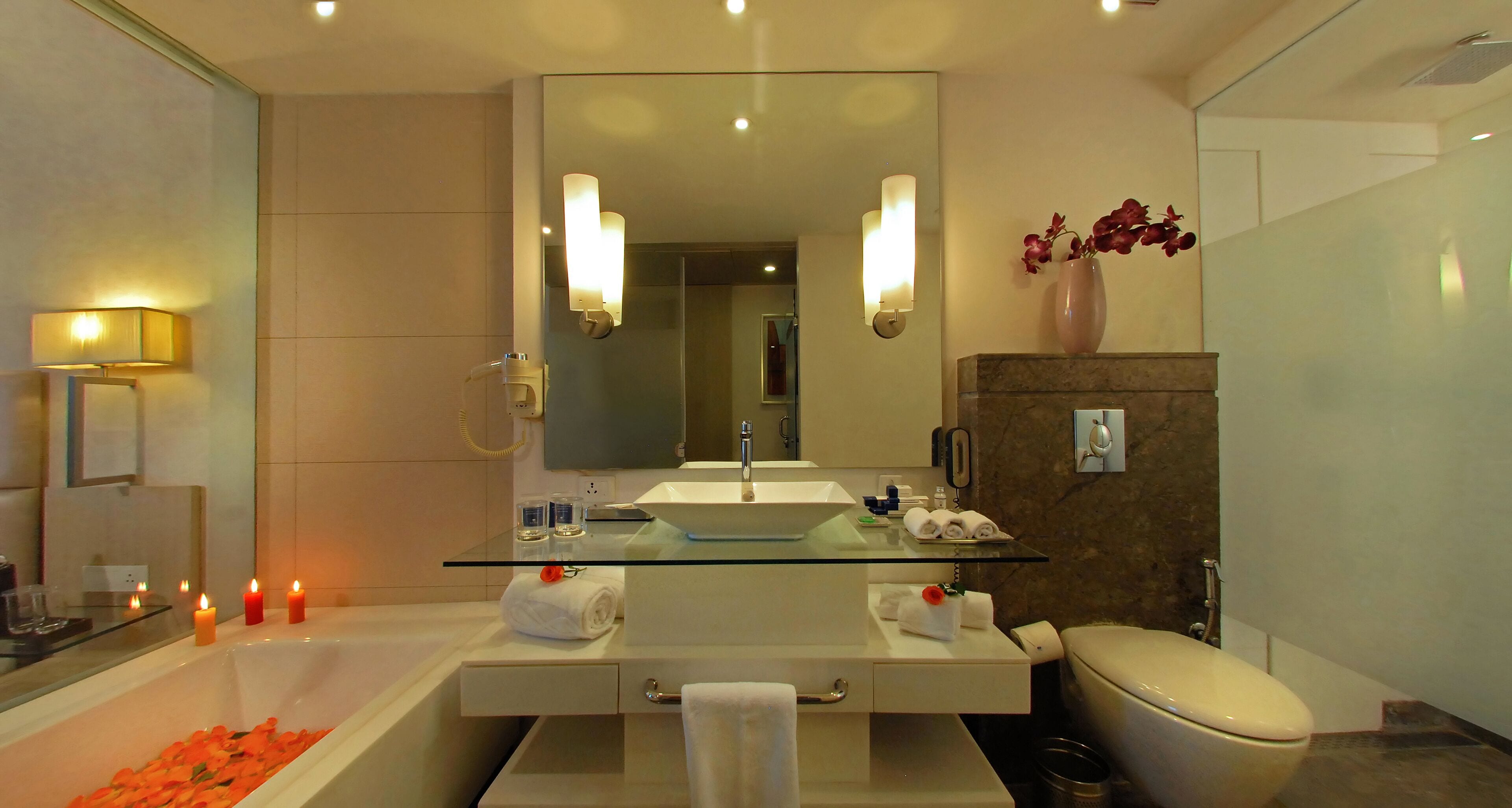 A modern bathroom with a glass-enclosed vanity, a large bathtub, and a toilet.