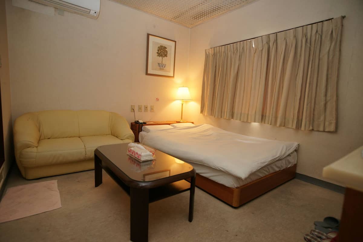 A hotel room with a bed, a sofa, a bedside table, a lamp, a framed picture on the wall, and a window with curtains.