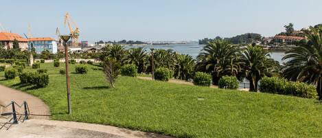 Un parc côtier doté d’un sentier, de palmiers et offrant une vue sur la mer.