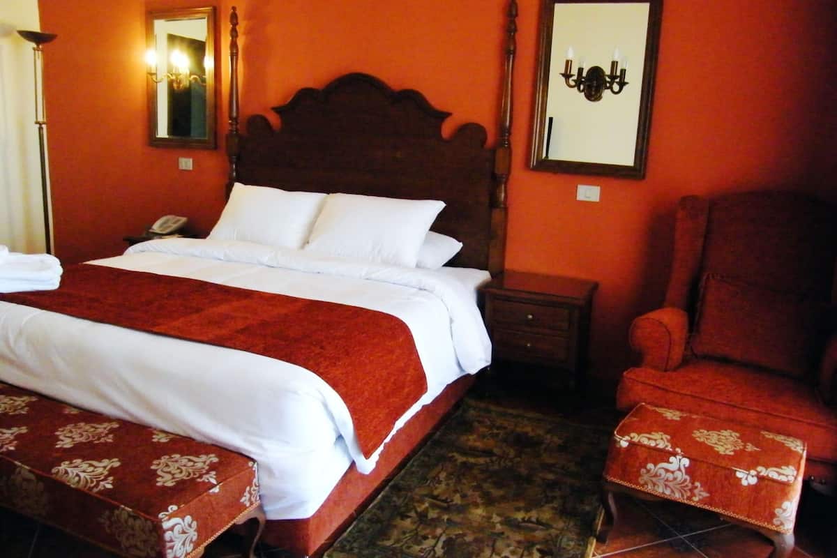 Habitación de hotel con una cama grande, una mesita de noche, una silla, un espejo y una lámpara fijada a la pared.