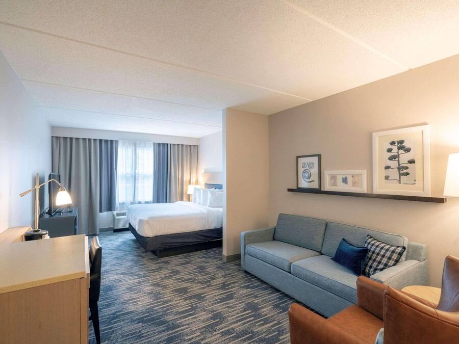 Habitación de hotel con cama, escritorio, sofá y una silla. Hay cuadros en la pared y una lámpara sobre el escritorio.