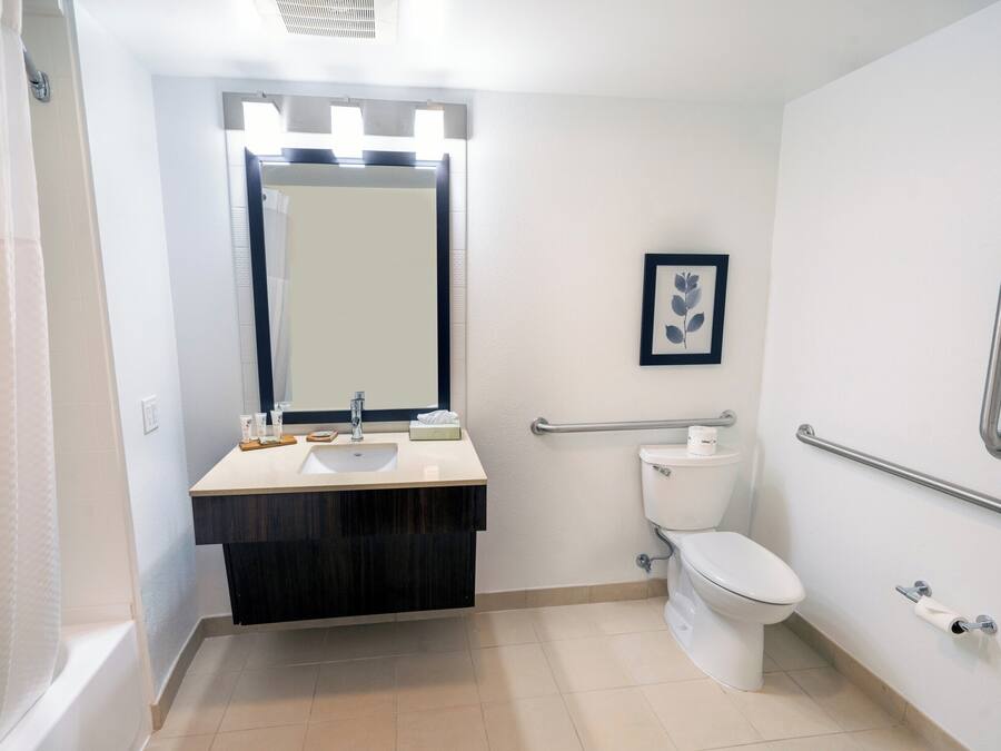 A bathroom with a sink, mirror, toilet, and handrails.