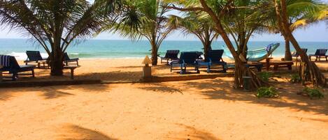 A beach with lounge chairs and a hammock under palm trees, overlooking the ocean.