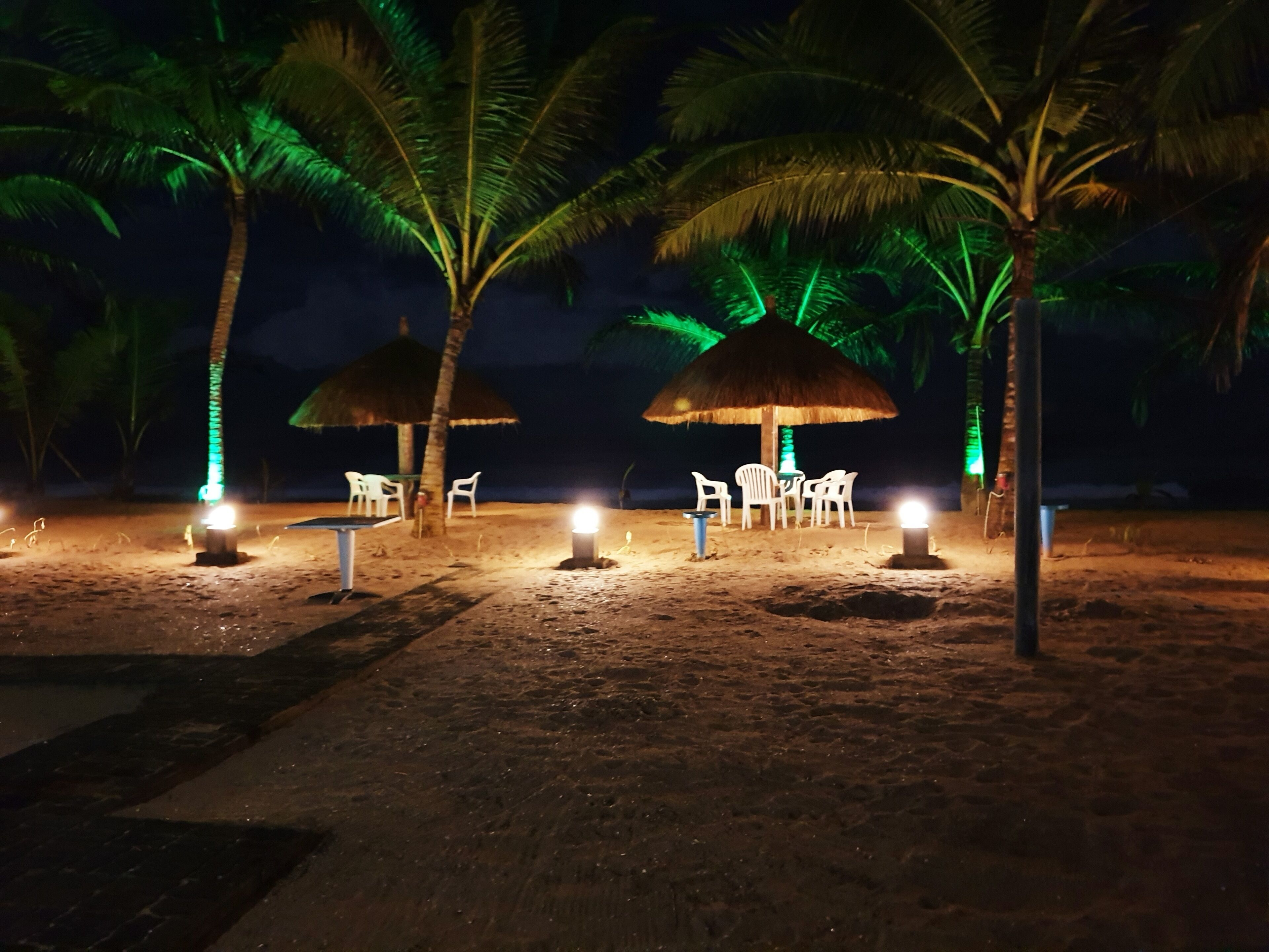 A beach setting with thatched umbrellas and white plastic chairs under palm trees, illuminated by ground lights.