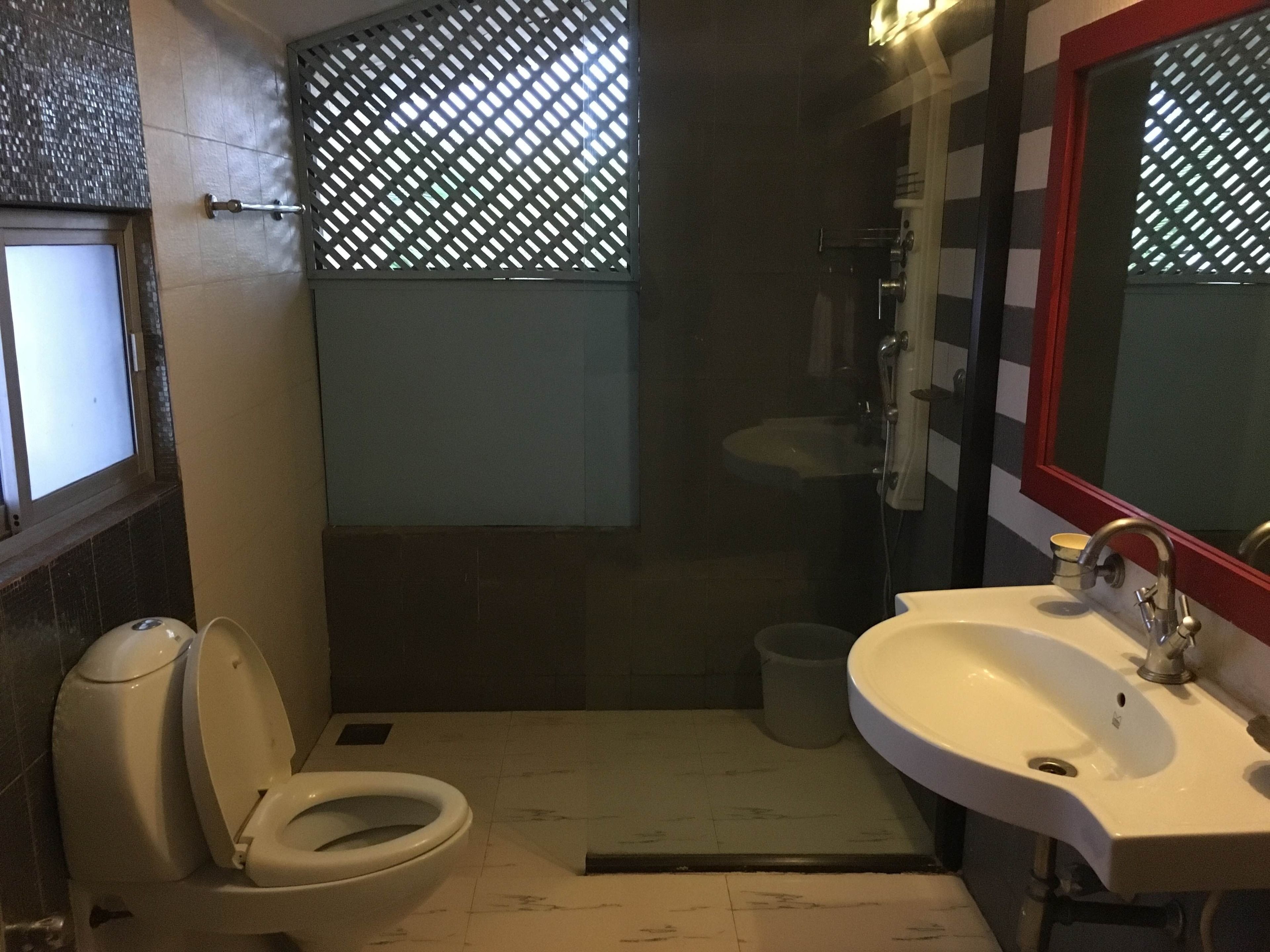 Une salle de bain avec des toilettes, un lavabo et une douche.