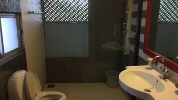 Une salle de bain avec des toilettes, un lavabo et une douche.