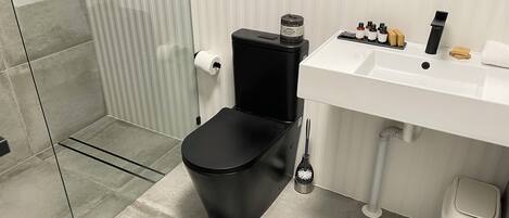 A modern bathroom with a black toilet, white sink, and a glass shower enclosure.