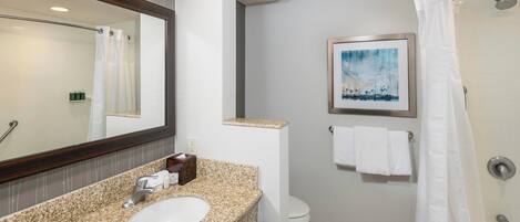A bathroom with a granite countertop sink, a white toilet, a shower with a white curtain, and a framed picture on the wall.