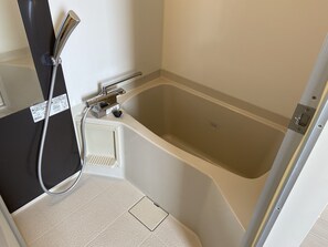 A modern bathroom with a bathtub, a shower, and a toilet.