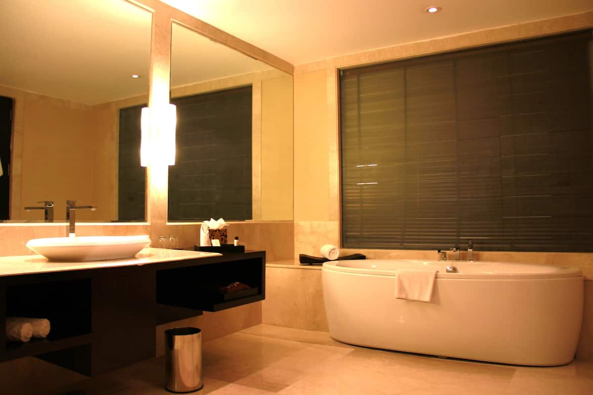 separate bathtub and shower, jetted bath, free toiletries, hair dryer