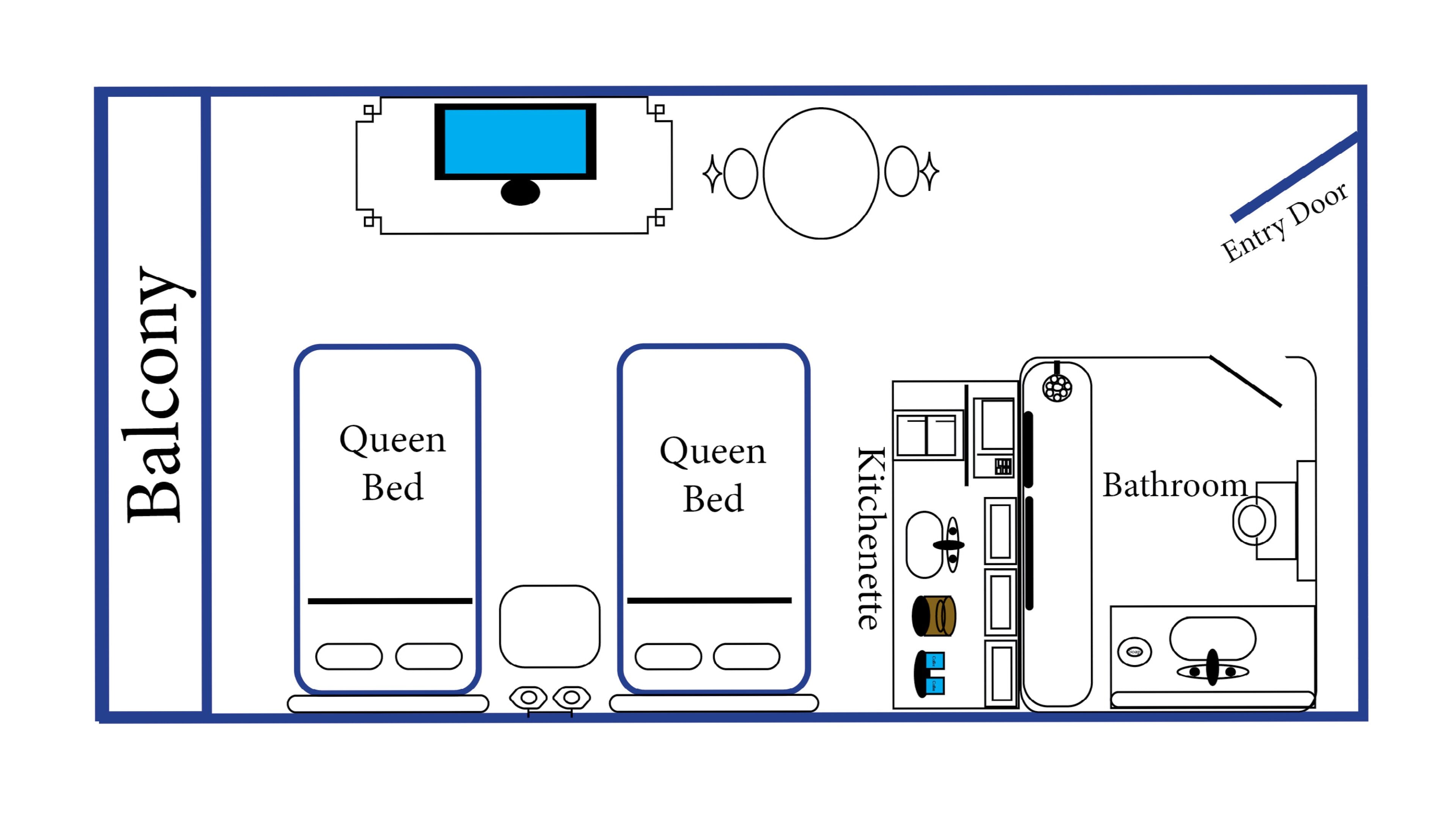 Distribución de una habitación de hotel con balcón, dos camas tamaño queen, kitchenette, baño y puerta de entrada.