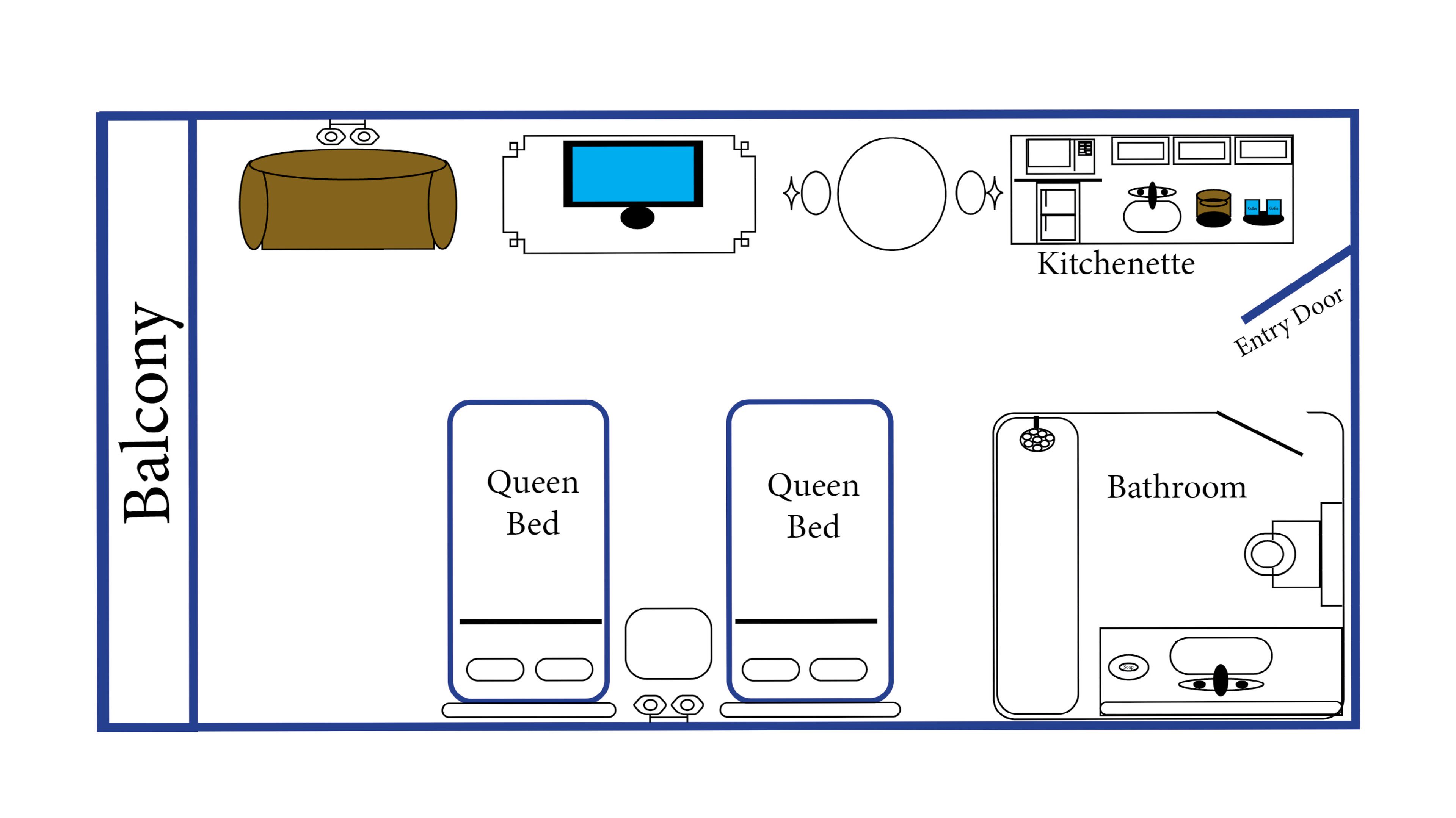A hotel room layout with a balcony, two queen beds, a bathroom, a kitchenette, and an entry door.