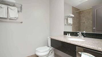 Un baño moderno con inodoro blanco, lavamanos de encimera de granito y un espejo grande.