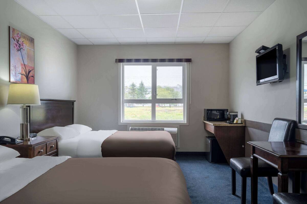 Habitación de hotel con dos camas, un escritorio con silla, televisor y ventana con vista a árboles.