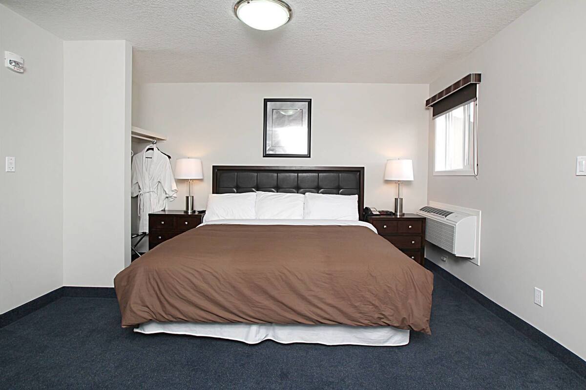 Habitación de hotel con una cama grande, lámparas de noche, un radiador, un cuadro enmarcado en la pared y un perchero con bata.