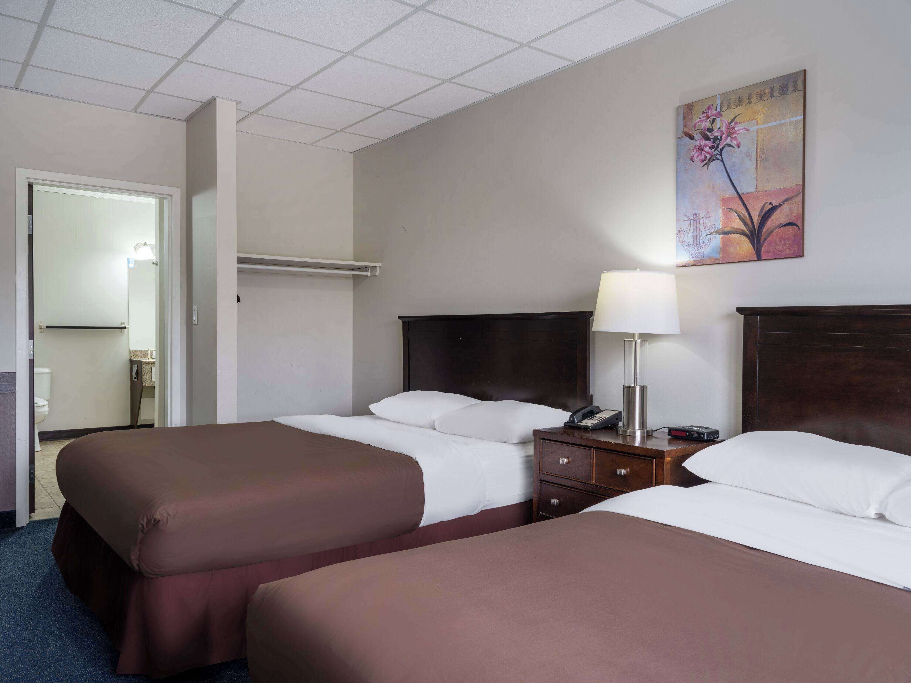 Quarto de hotel com duas camas, uma mesa de cabeceira com abajur, telefone e um quadro na parede.