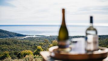 Vista de un paisaje costero, destacando una botella y un vaso sobre una mesa.