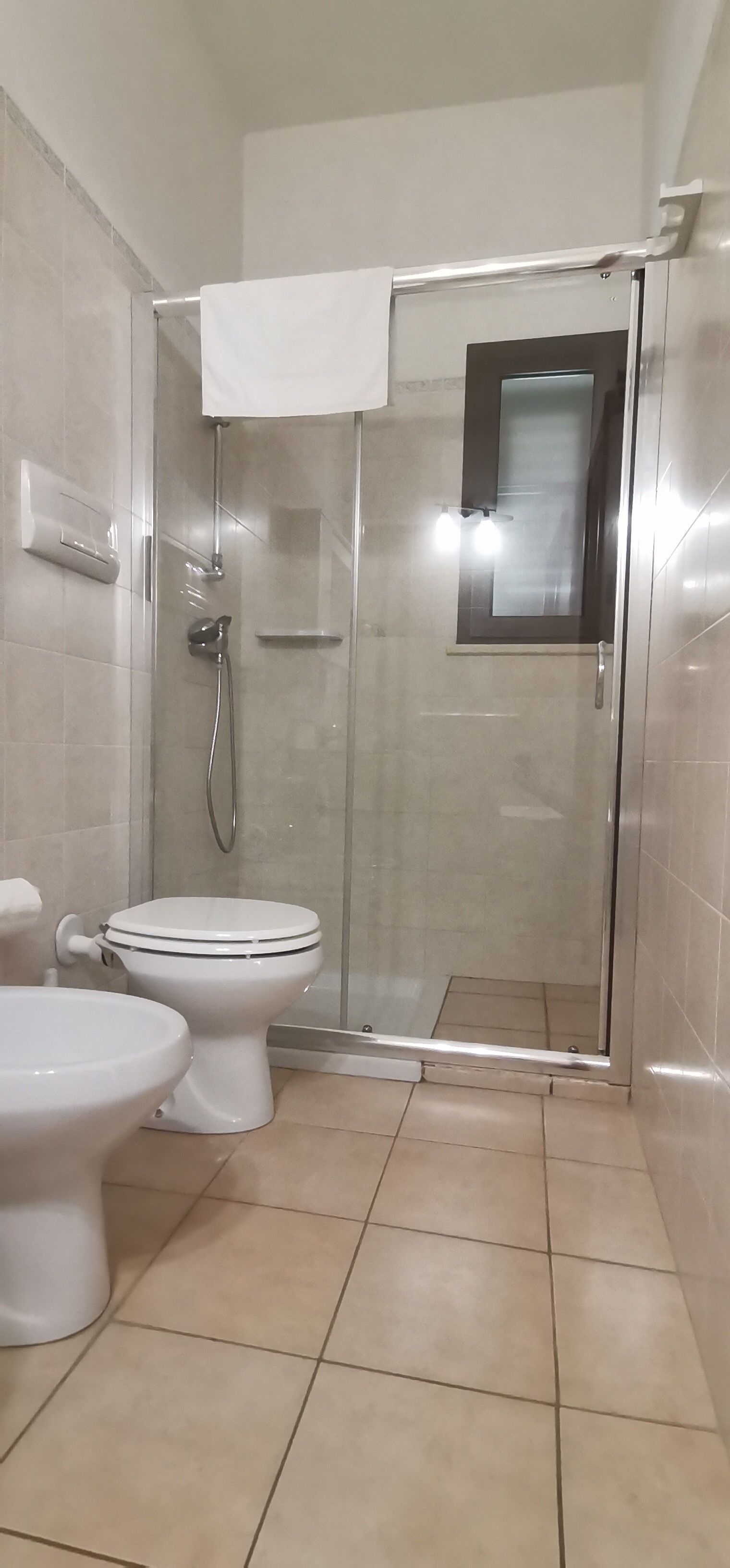 A bathroom with a glass-enclosed shower, a toilet, and a bidet.