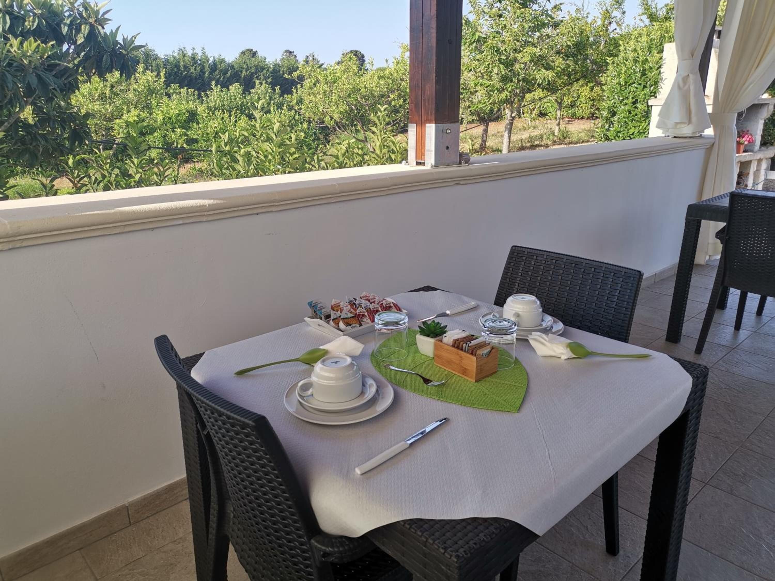 A table set for two with a view of a vineyard.