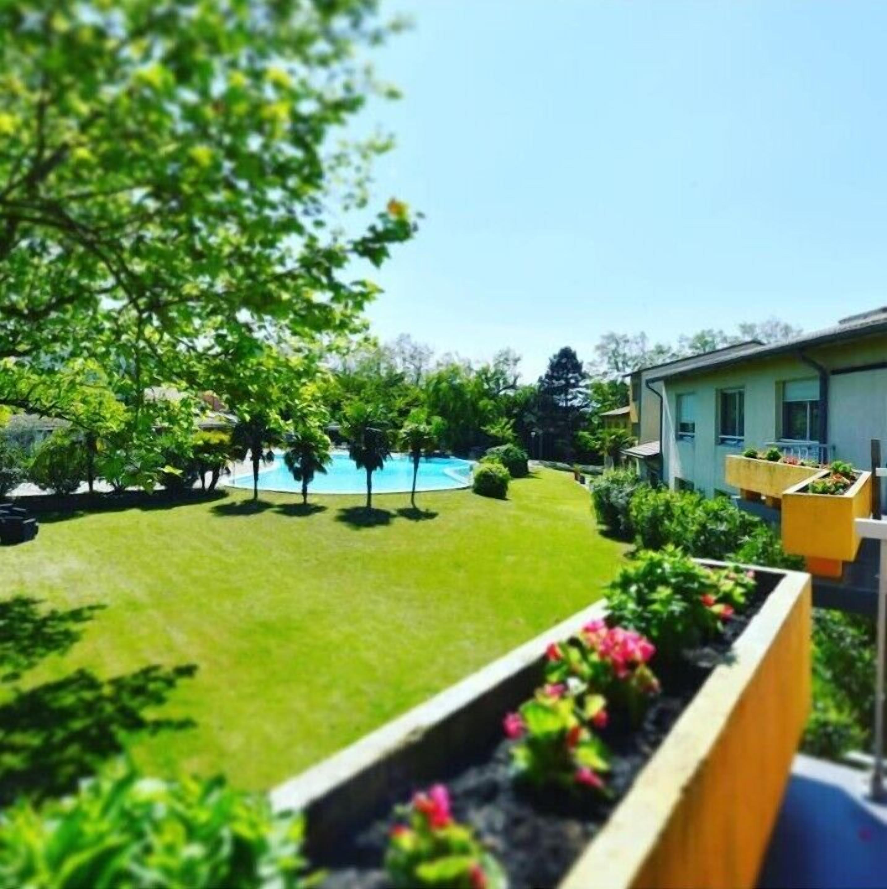 A residential property with a swimming pool, a well-maintained lawn, and a variety of plants and shrubs.