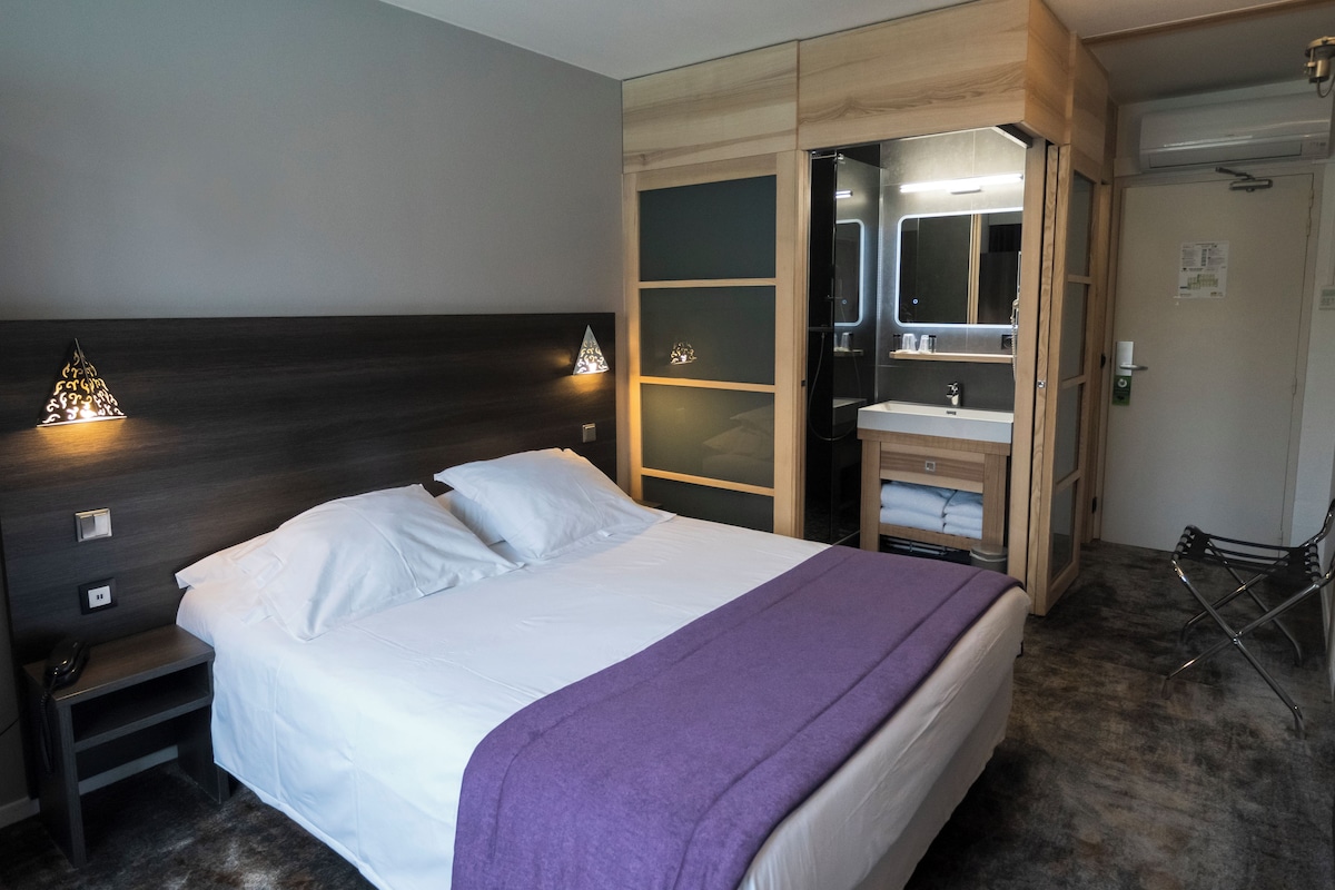 Une chambre d’hôtel bien aménagée, avec un lit, des lampes de chevet, une coiffeuse avec un miroir et un espace douche.