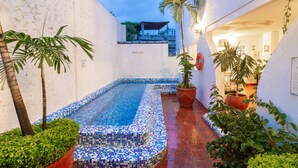 Une cour étroite avec une piscine carrelée, des plantes en pot et un mur blanc.