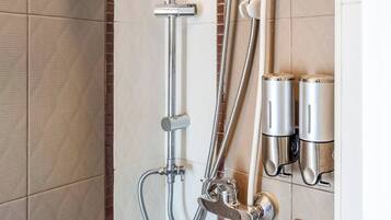 A shower with a handheld showerhead, a wall-mounted control panel, and a glass-enclosed sink with a chrome faucet.