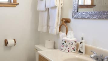 Un baño con inodoro, lavamanos y espejo. Hay toallas colgadas en un tendedero y una caja de pañuelos sobre el mueble.