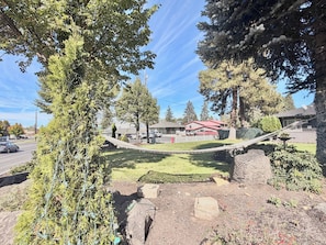 A residential area with a grassy lawn, a hammock, and a stone wall. - Cascade Lodge Boutique (Bend)