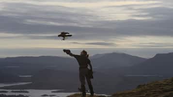 A person standing on a hill overlooking a valley with mountains in the distance.