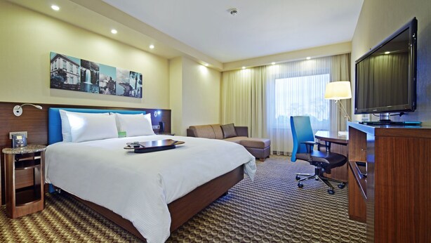 Habitación de hotel con una cama grande, un escritorio con silla, televisión y un cuadro en la pared.