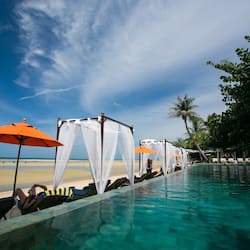 Outdoor pool, pool umbrellas, pool loungers
