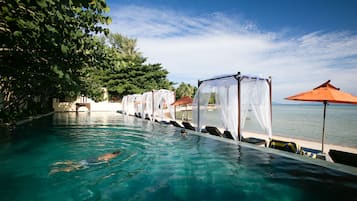 Kolam renang outdoor, dengan payung kolam renang dan kursi berjemur