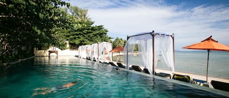 Een buitenzwembad, parasols voor strand/zwembad