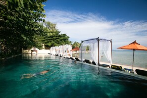 Ein Infinity-Pool mit klarem, blauen Wasser, umgeben von weißen Markisen und orangefarbenen Sonnenschirmen, mit Blick auf einen Strand.
