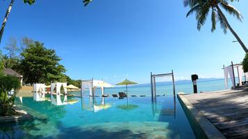 Outdoor pool, pool umbrellas, sun loungers
