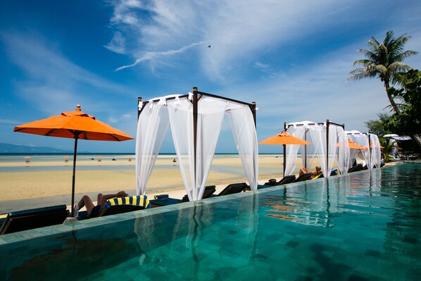 Una piscina al aire libre, sombrillas, sillones reclinables de piscina