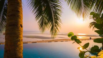 Outdoor pool, pool umbrellas, pool loungers